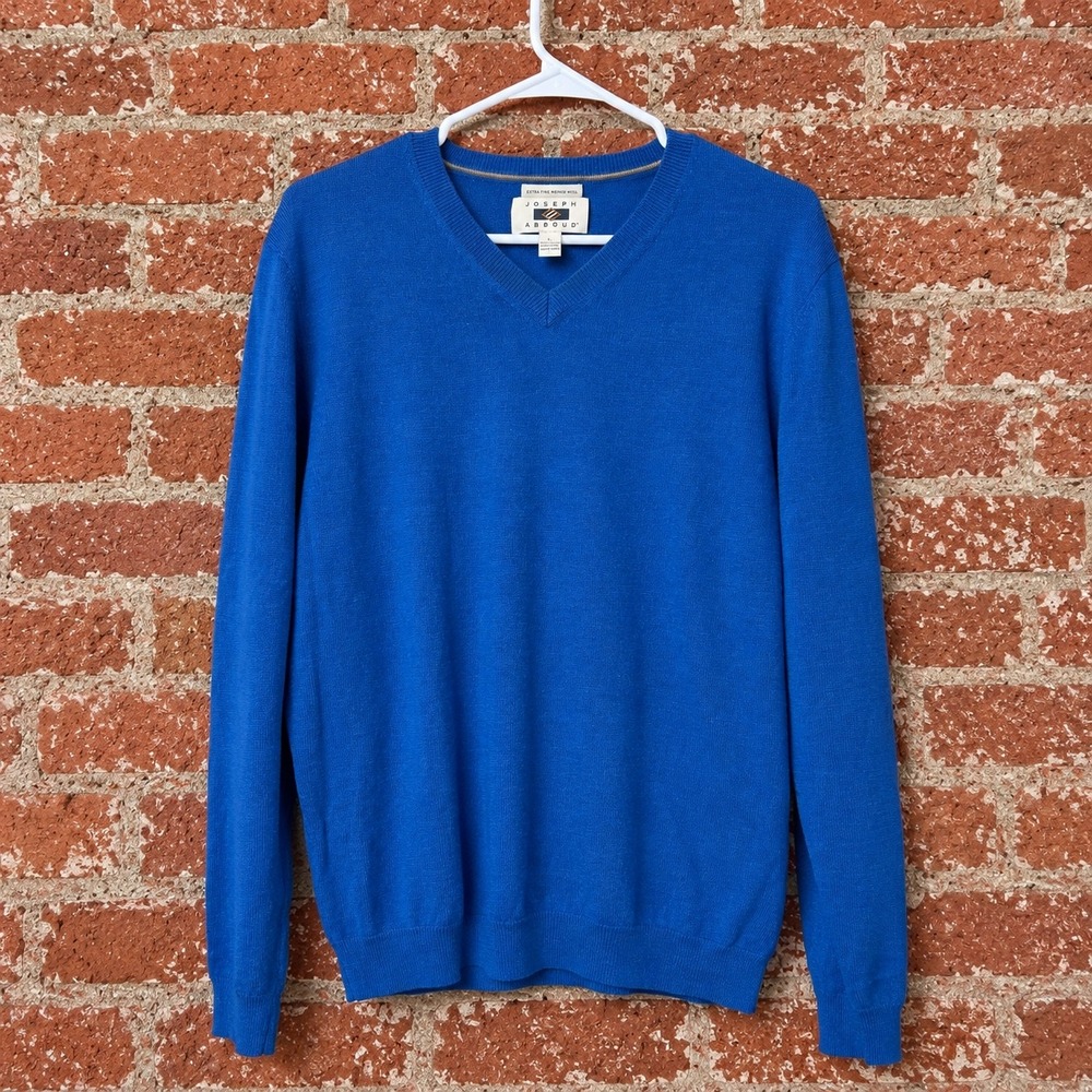 Joseph Abboud Royal Blue Extra Fine Merino Wool V-Neck Sweater Mens Large Preppy